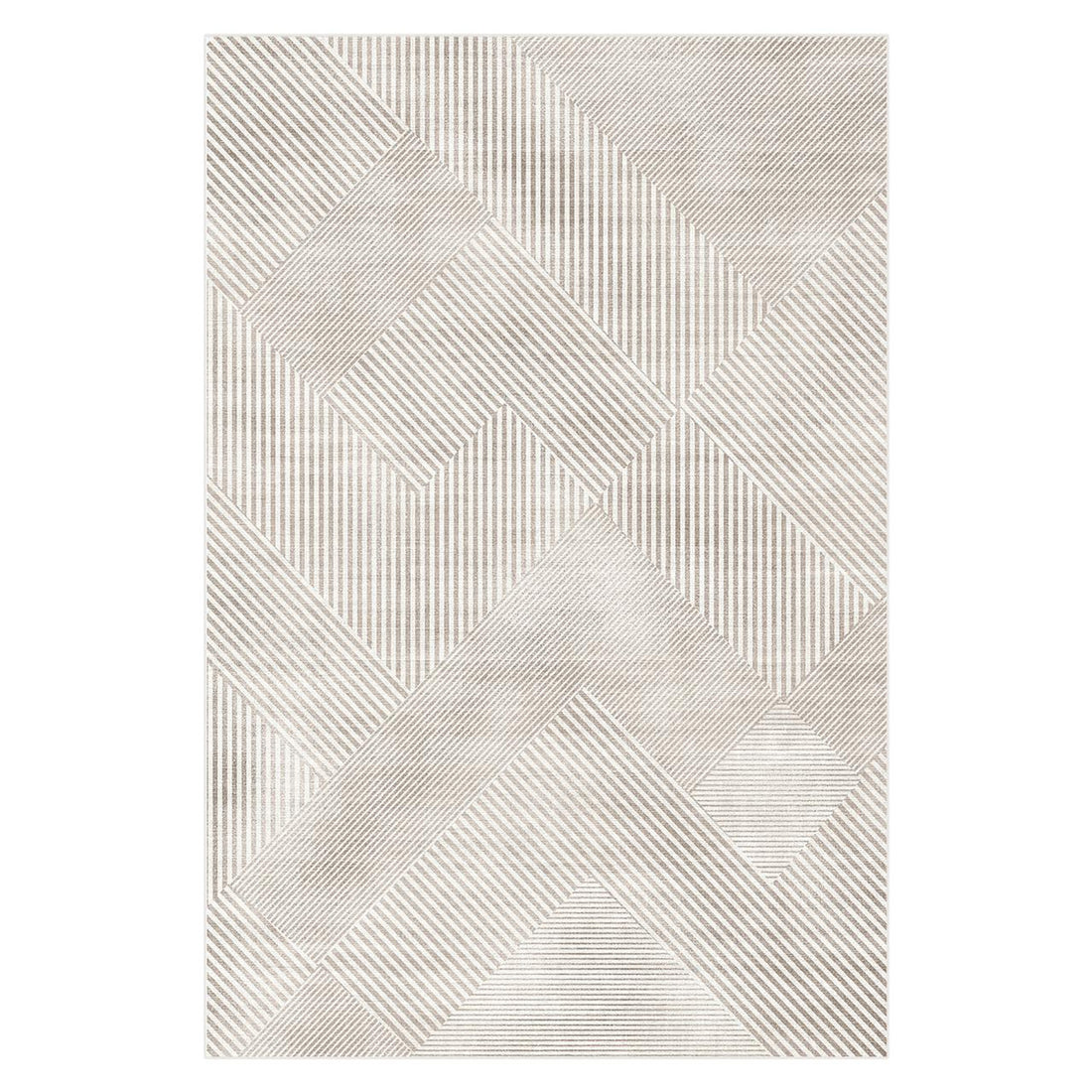 Colton 2 Seater Fabric Sofa with Rug - Cream White, displaying a modern sofa with sleek wood legs next to an abstract geometric-patterned rug featuring interlocking panels with varied stripe directions.