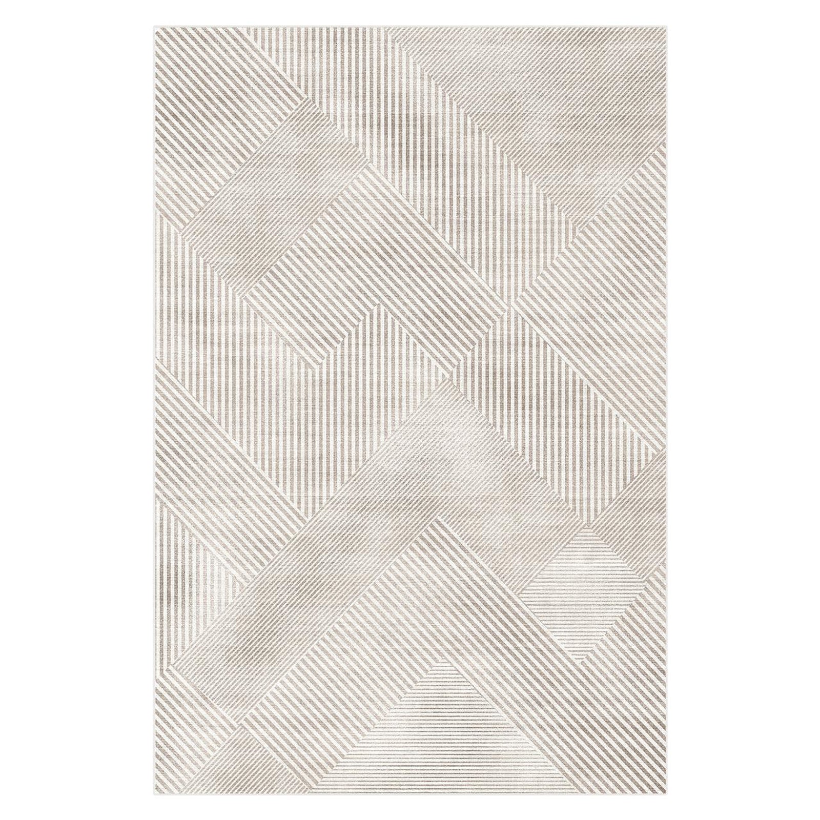 Colton 2 Seater Fabric Sofa with Rug - Cream White, displaying a modern sofa with sleek wood legs next to an abstract geometric-patterned rug featuring interlocking panels with varied stripe directions.