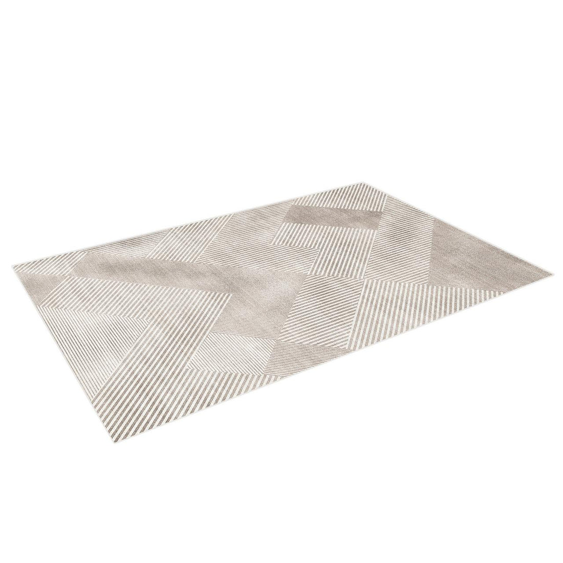 Colton 2 Seater Fabric Sofa with Rug - Cream White, featuring a light-beige floor rug with a modern geometric pattern of rectangles and triangles, perfectly complements contemporary living room spaces.