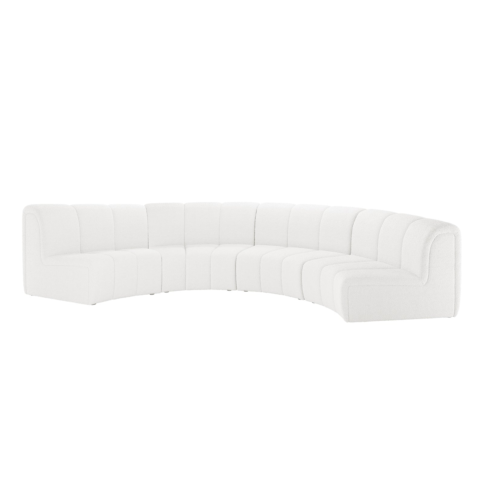 Corina 4 Seater Modular Boucle Sofa in Cream White, featuring a large, curved sectional design with soft, textured upholstery arranged in a graceful semicircle for versatile, stylish seating.