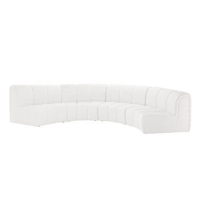 Corina 4 Seater Modular Boucle Sofa in Cream White, featuring a large, curved sectional design with soft, textured upholstery arranged in a graceful semicircle for versatile, stylish seating.