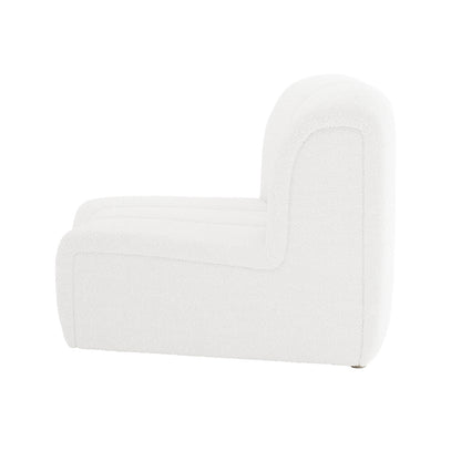 Corina 4 Seater Modular Boucle Sofa in Cream White, featuring a single-seat section in textured bouclé fabric, showcasing a low, rounded design with a built-in backrest and open end.