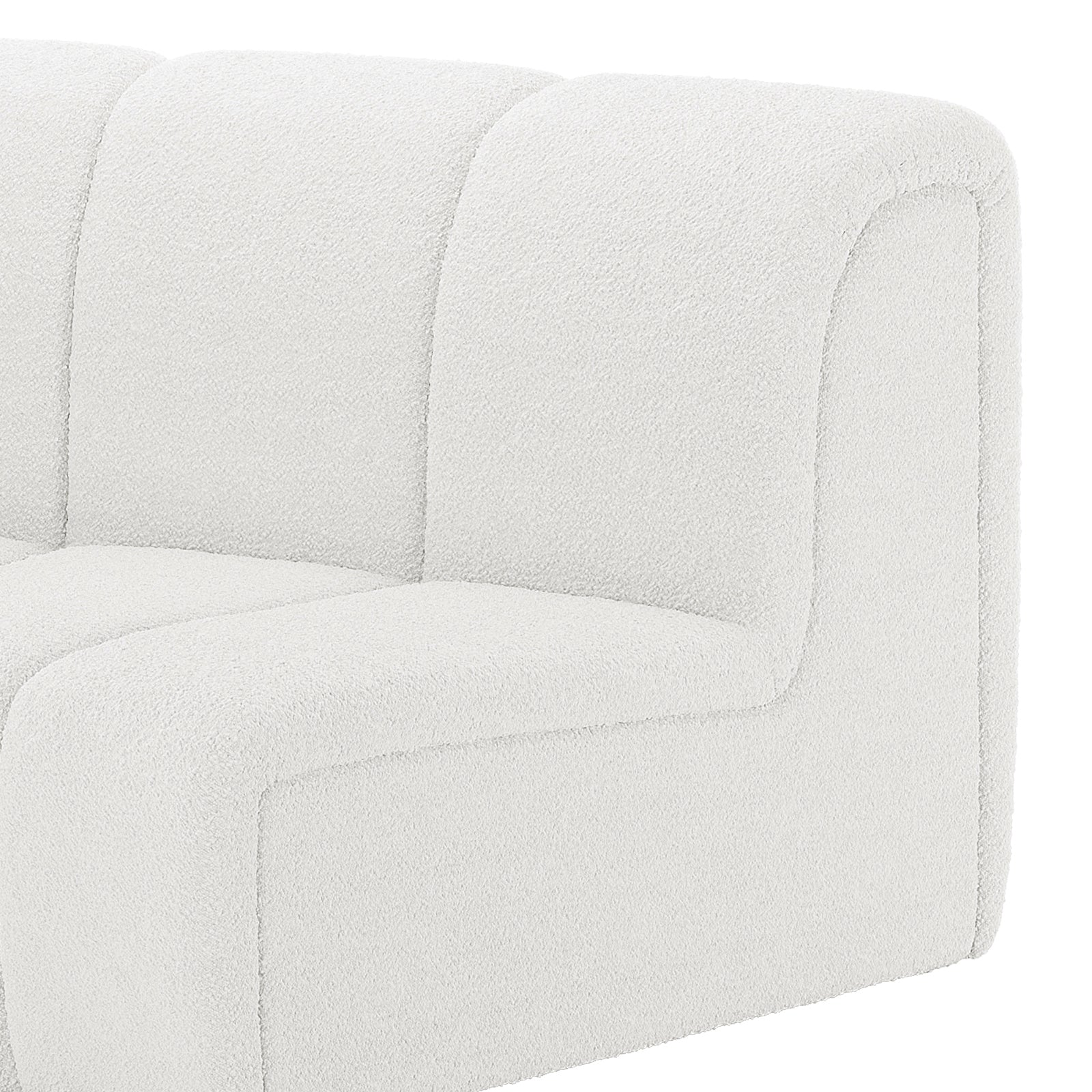 Corina 4 Seater Modular Boucle Sofa in Cream White, showcasing a close-up of its textured fabric, rounded edges, and channel-stitched padding on the backrest and seat for a modern, cozy appeal.