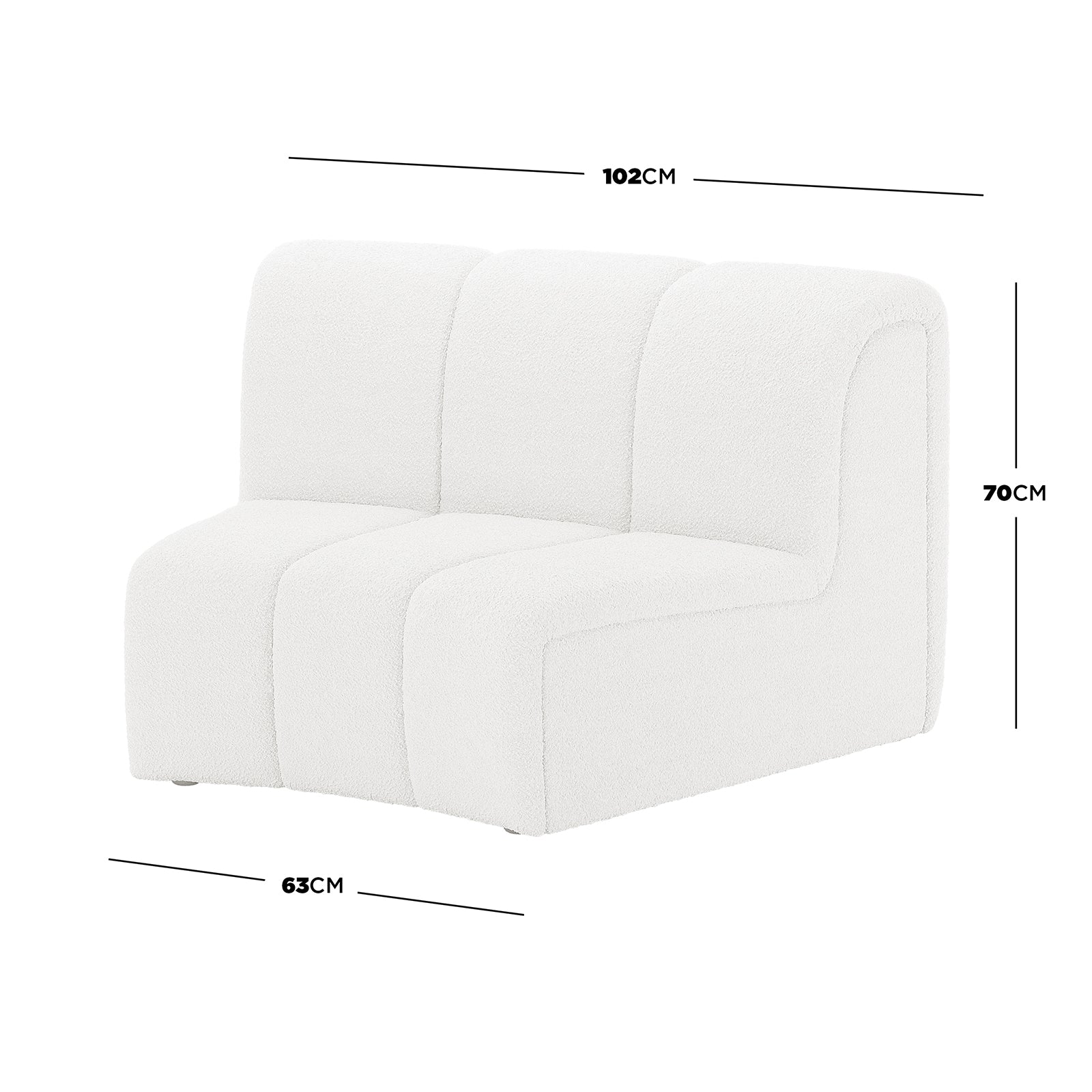 Corina 4 Seater Modular Boucle Sofa in Cream White: Three-section sofa upholstered in plush white boucle fabric, with dimensions 102cm wide, 63cm depth, 70cm height, featuring gently rounded edges for a sculptural look.
