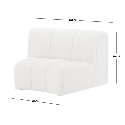 Corina 4 Seater Modular Boucle Sofa in Cream White: Three-section sofa upholstered in plush white boucle fabric, with dimensions 102cm wide, 63cm depth, 70cm height, featuring gently rounded edges for a sculptural look.