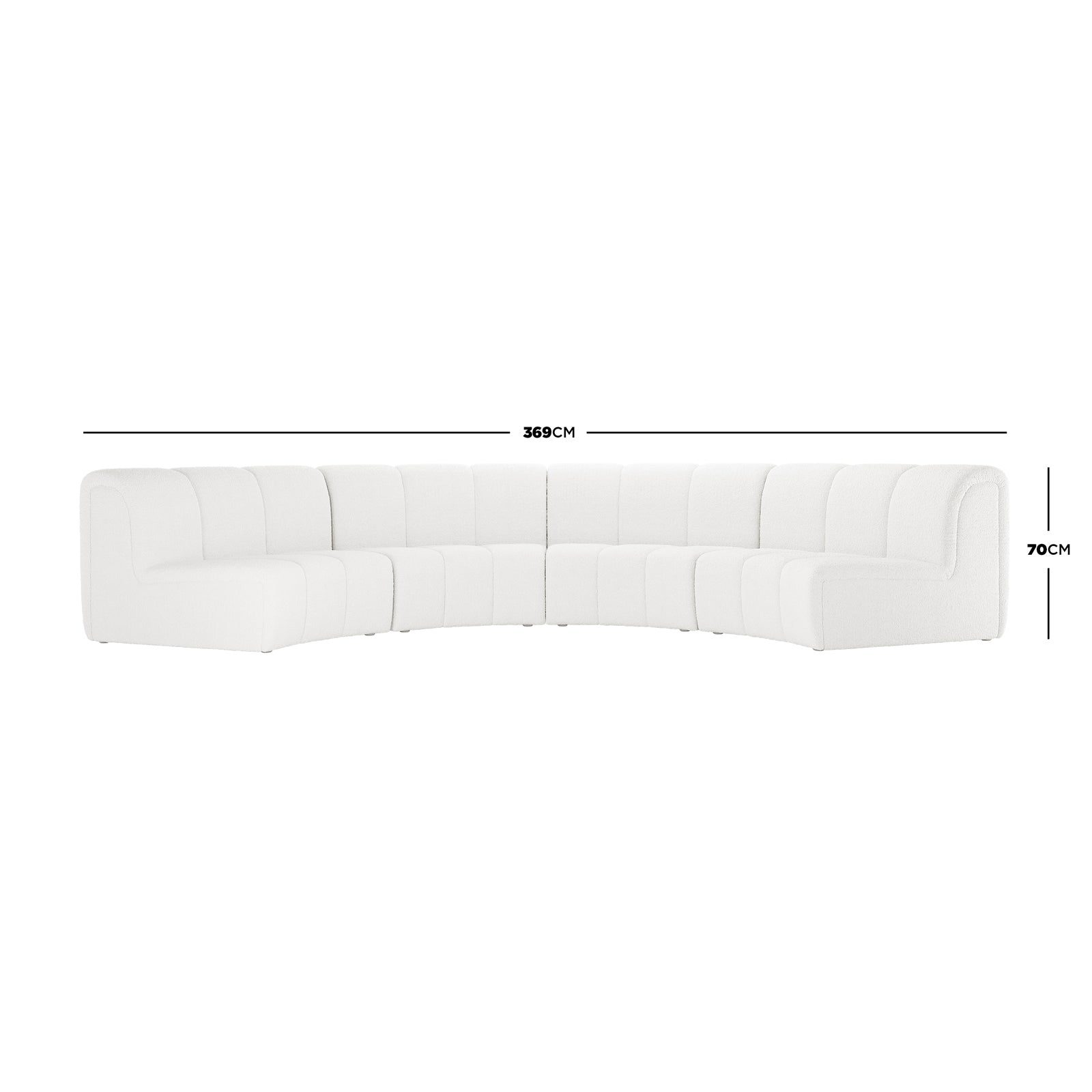 Corina 4 Seater Modular Boucle Sofa in Cream White features a modern, low-profile design with vertical channel tufting and a gentle arc, showcasing its modular segments and plush bouclé upholstery.