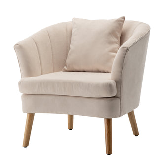 Dalya Linen Accent Chair with Cushion Cream White featuring light beige upholstery, a gently curved back, low armrests, a matching loose cushion, and four exposed wooden legs for a stylish, contemporary look.