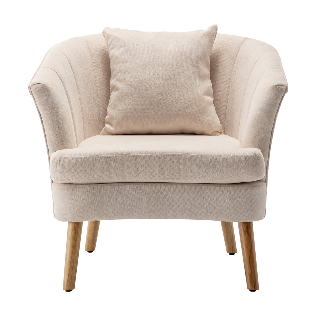 Dalya Linen Accent Chair with Cushion Cream White features a barrel-style back, cream fabric upholstery, a square throw pillow, and natural-wood tapered legs for an elegant, modern touch.