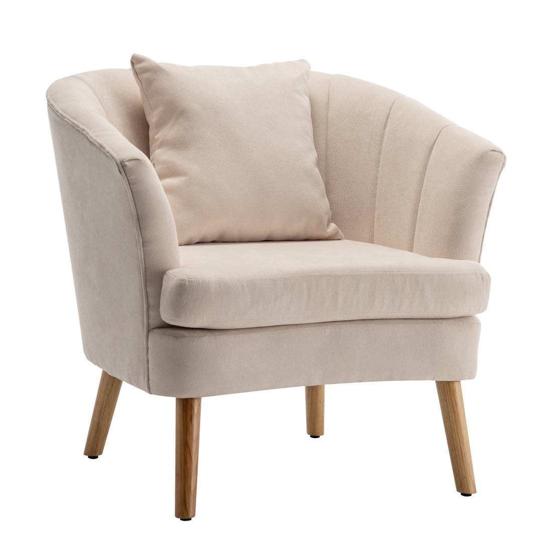 Dalya Linen Accent Chair with Cushion Cream White features a curved shell-style backrest, loose seat cushion, matching throw pillow, and tapered wooden legs, exuding elegance and comfort.