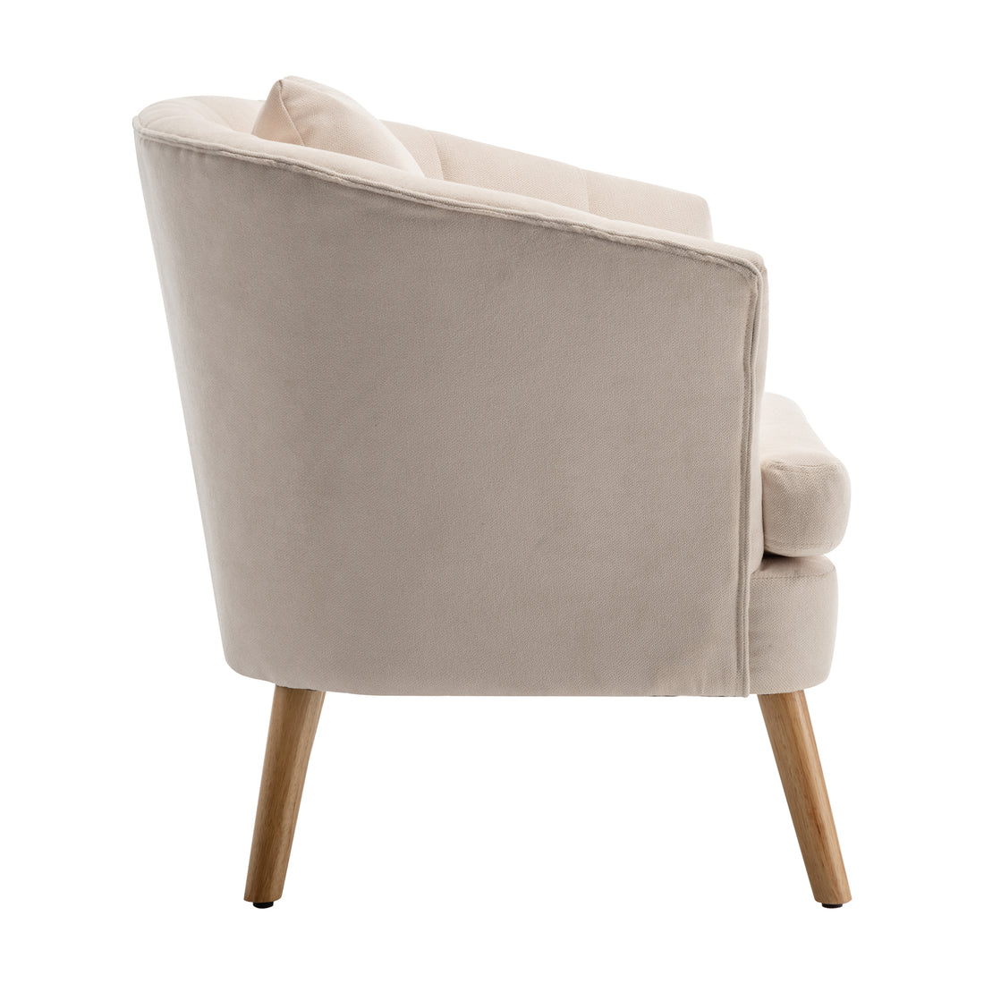 Dalya Linen Accent Chair with Cushion Cream White showcases a modern design with a curved back, light beige upholstery, and tapered wooden legs, offering both elegance and comfort to any living space.