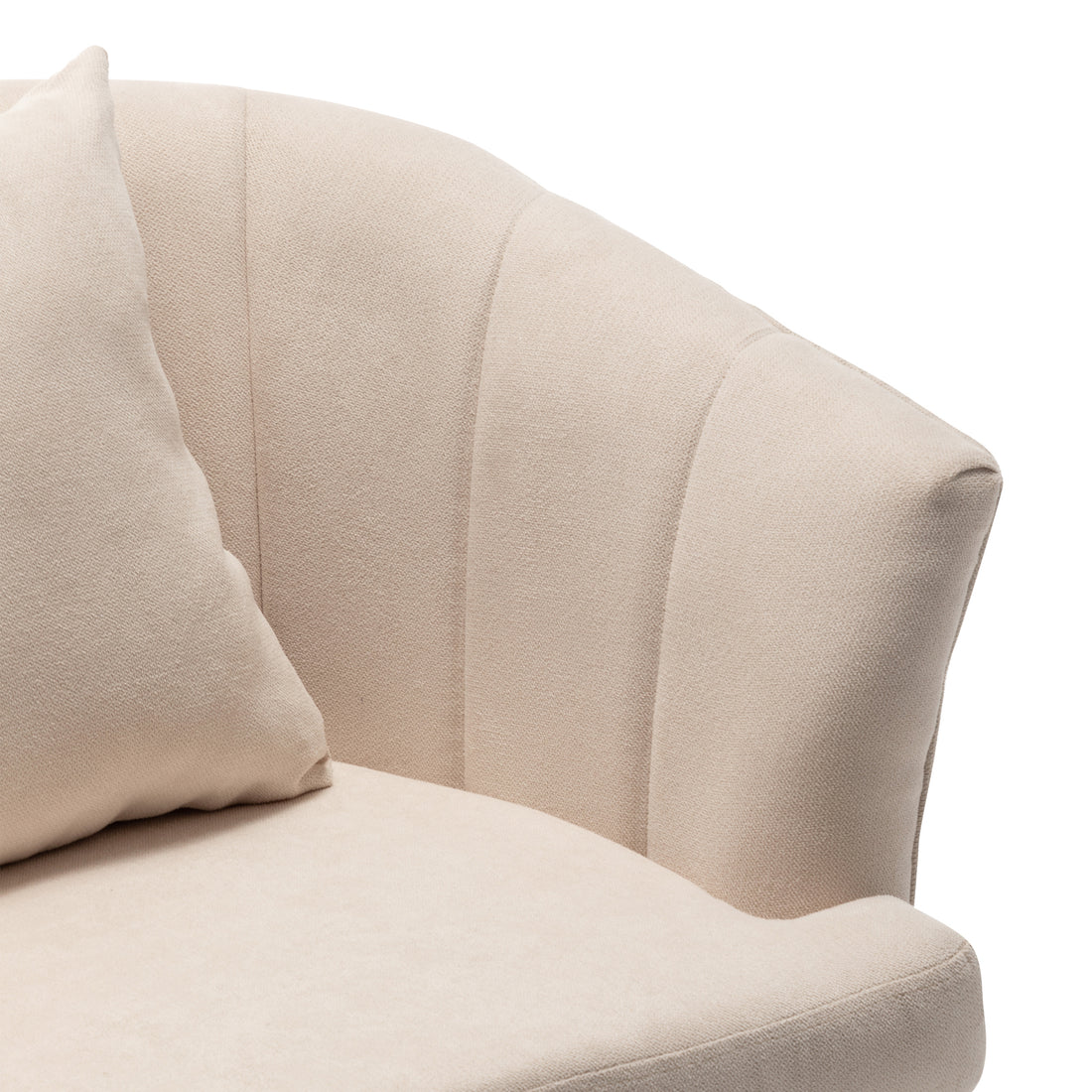 Close-up of the Dalya Linen Accent Chair with Cushion Cream White, featuring curved backrest with channel quilting and a matching throw pillow nestled in the corner for added comfort.