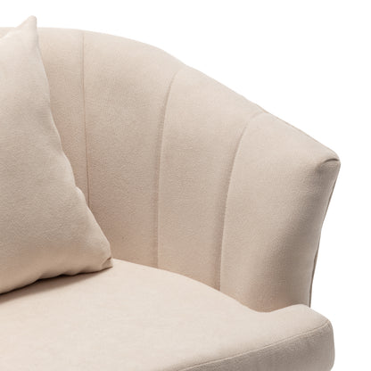 Close-up of the Dalya Linen Accent Chair with Cushion Cream White, featuring curved backrest with channel quilting and a matching throw pillow nestled in the corner for added comfort.