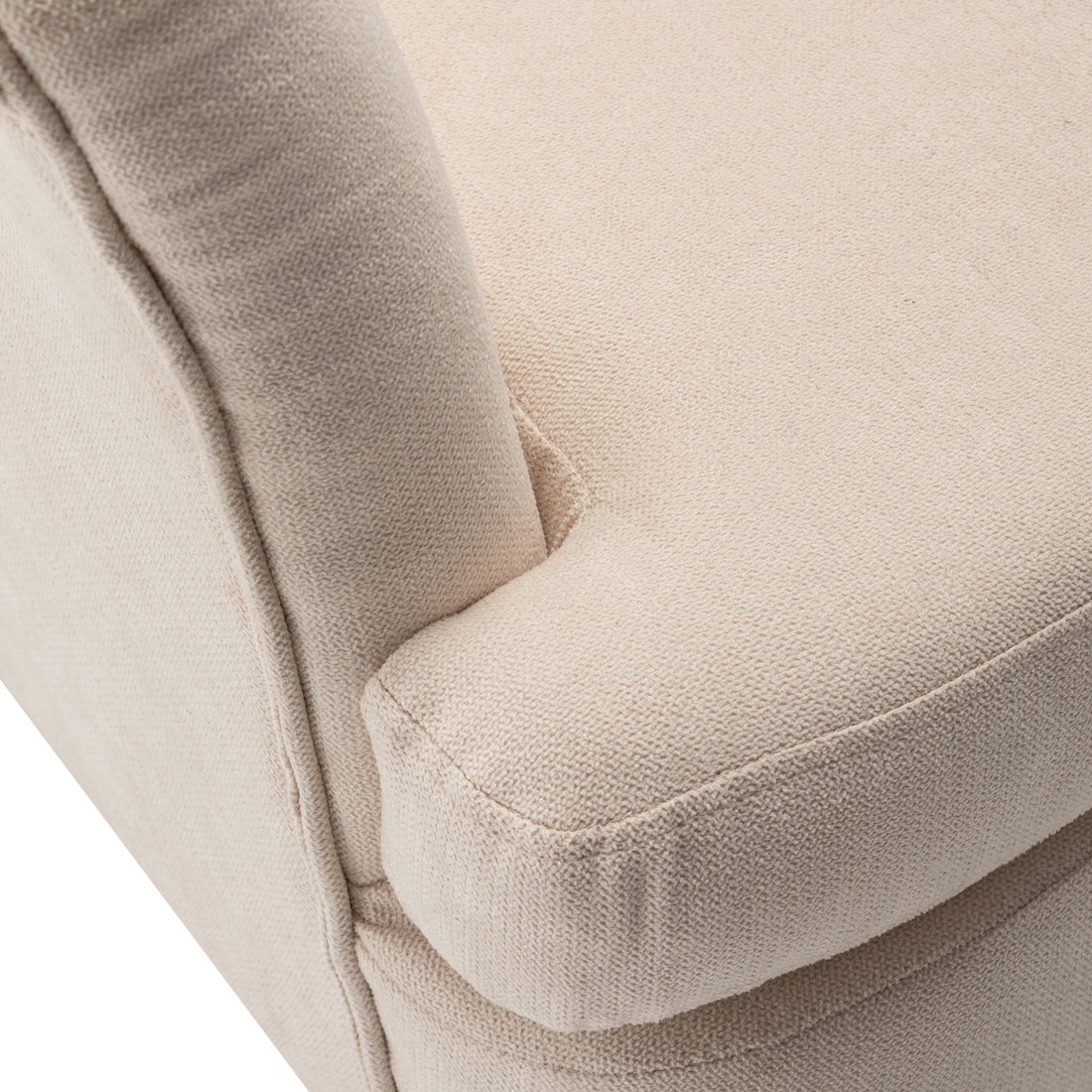 Close-up of Dalya Linen Accent Chair with Cushion Cream White, showing textured light-beige upholstery, seam lines, and cushion nestled into the armrest, highlighting detailed craftsmanship and comfort.