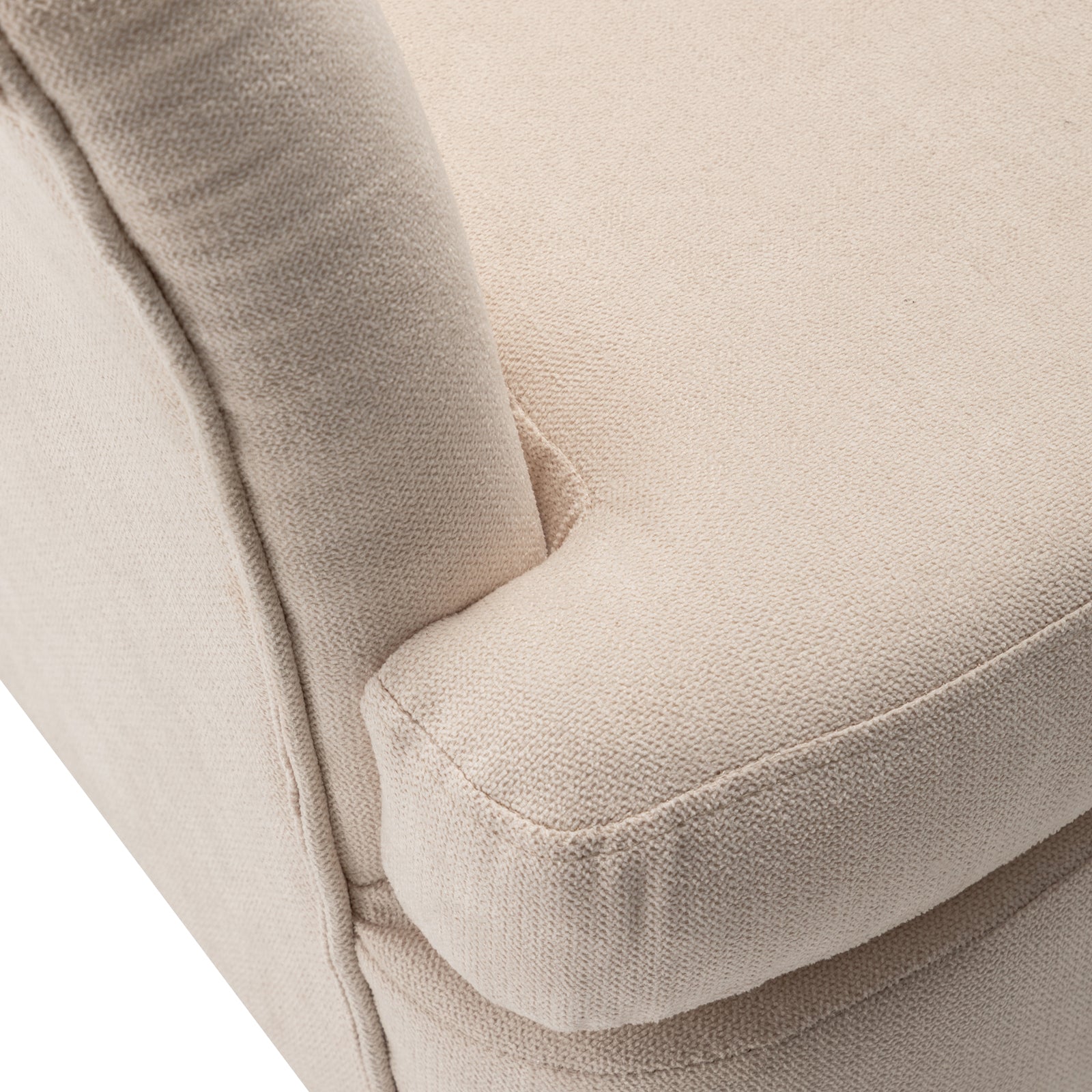 Close-up of Dalya Linen Accent Chair with Cushion Cream White, showing textured light-beige upholstery, seam lines, and cushion nestled into the armrest, highlighting detailed craftsmanship and comfort.