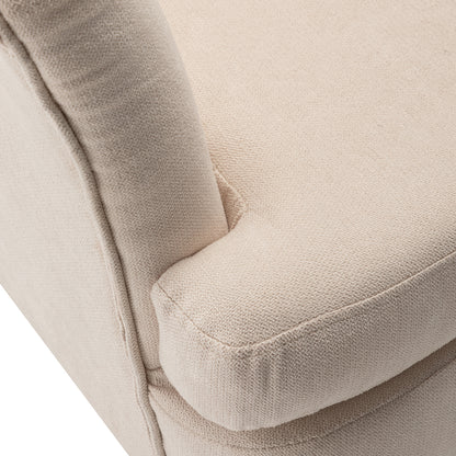 Close-up of Dalya Linen Accent Chair with Cushion Cream White, showing textured light-beige upholstery, seam lines, and cushion nestled into the armrest, highlighting detailed craftsmanship and comfort.