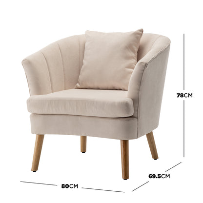 Dalya Linen Accent Chair with Cushion in cream white, featuring light beige upholstery, a gently curved back, wooden legs, and dimensions 80 cm wide, 69.5 cm deep, 78 cm tall.
