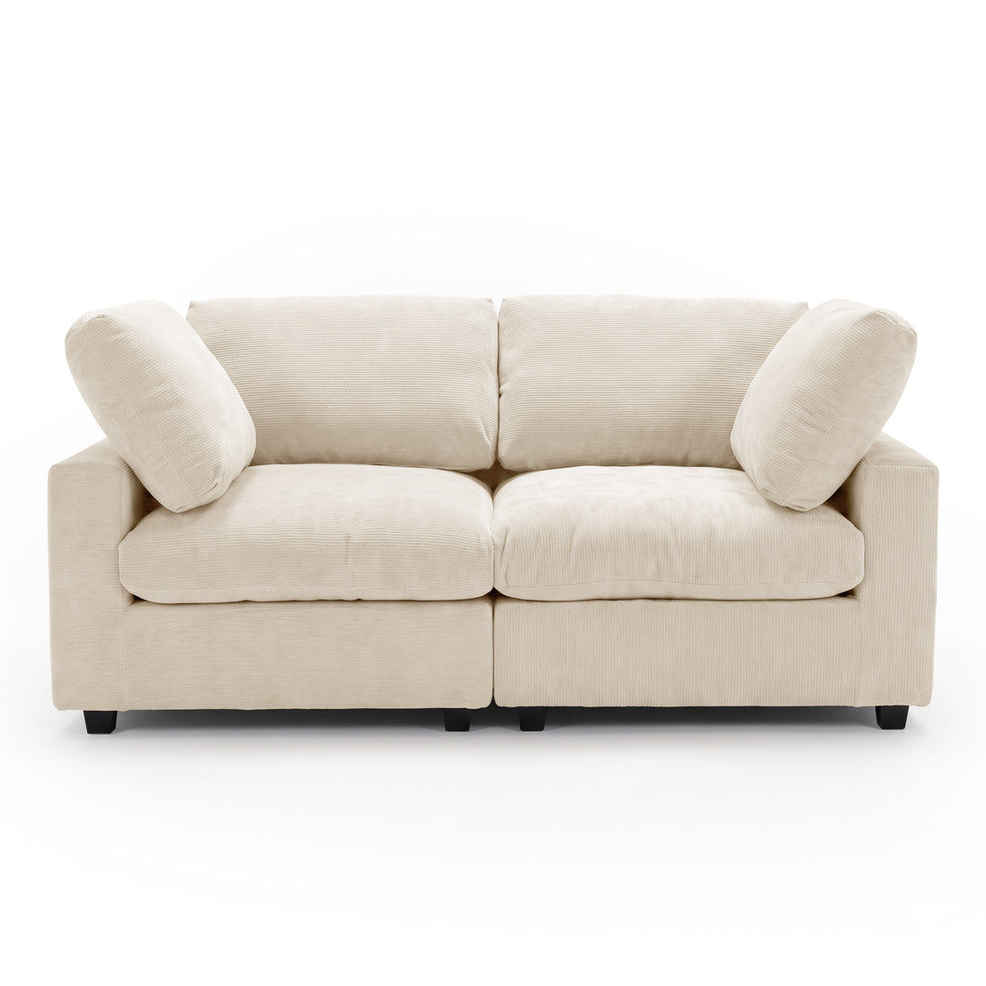 Front view of a beige two-seater sofa on a white background