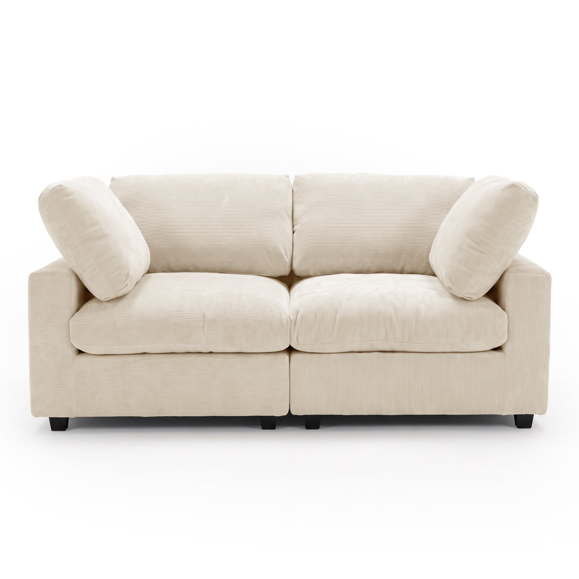Front view of a beige two-seater sofa on a white background