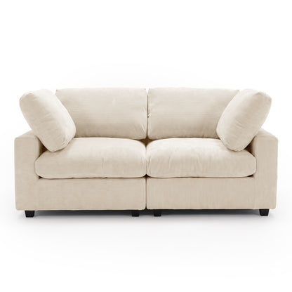 Front view of a beige two-seater sofa on a white background