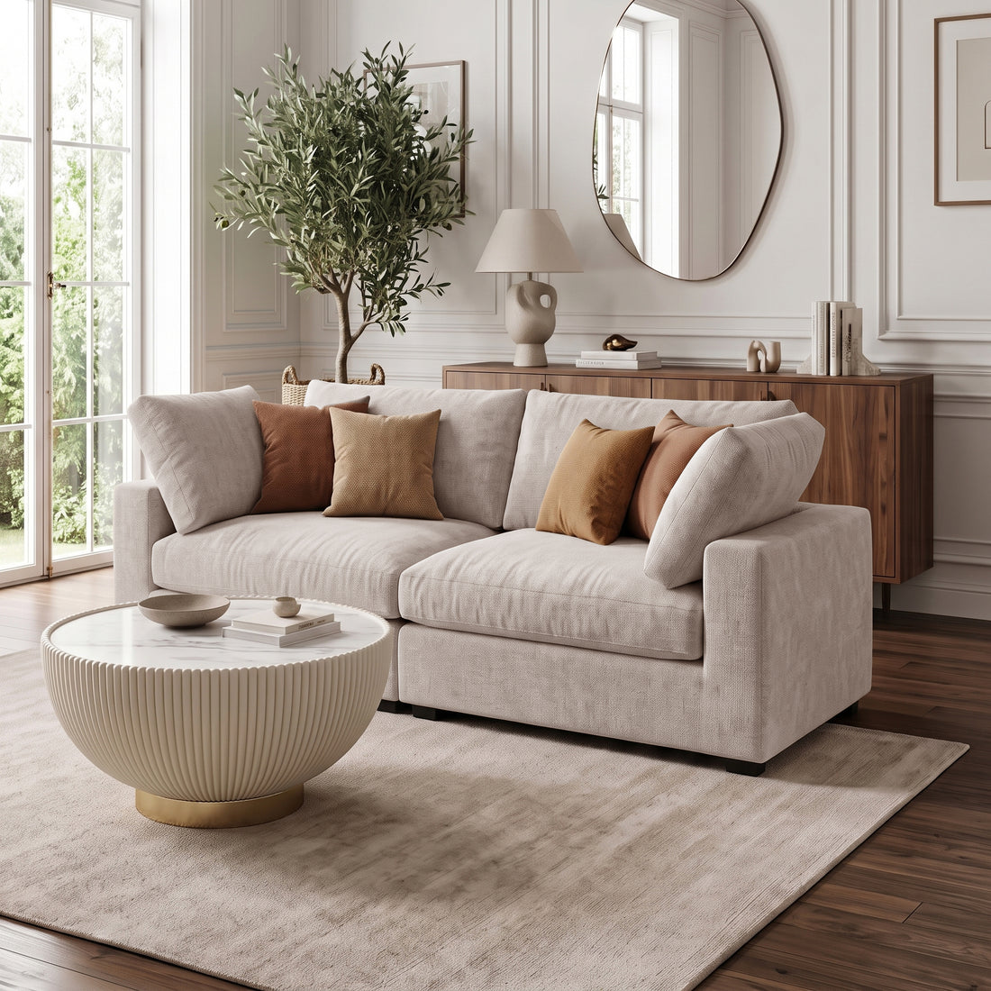 Beige sectional sofa styled in a modern living room