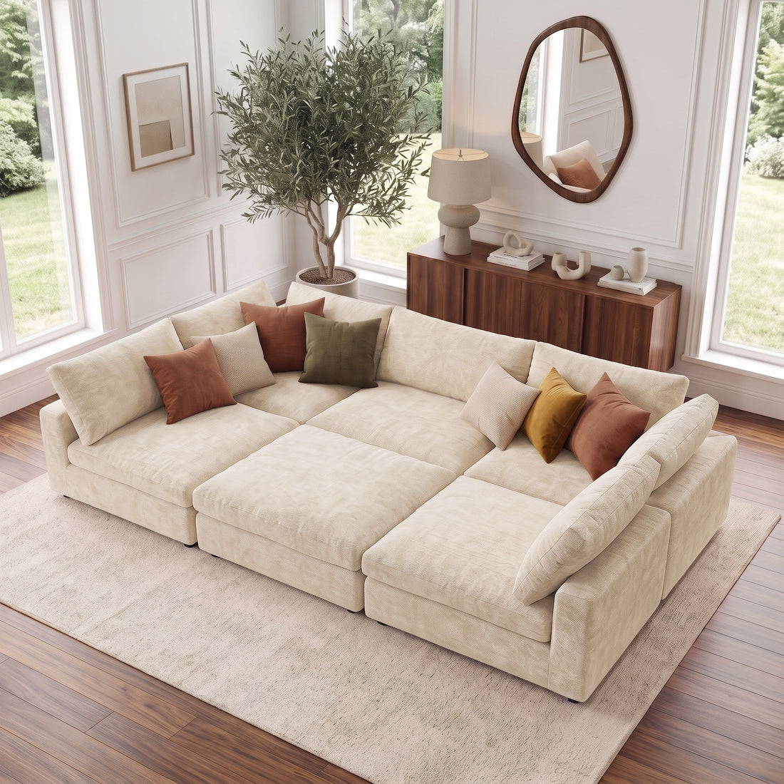 Cream sectional sofa in a bright modern living room
