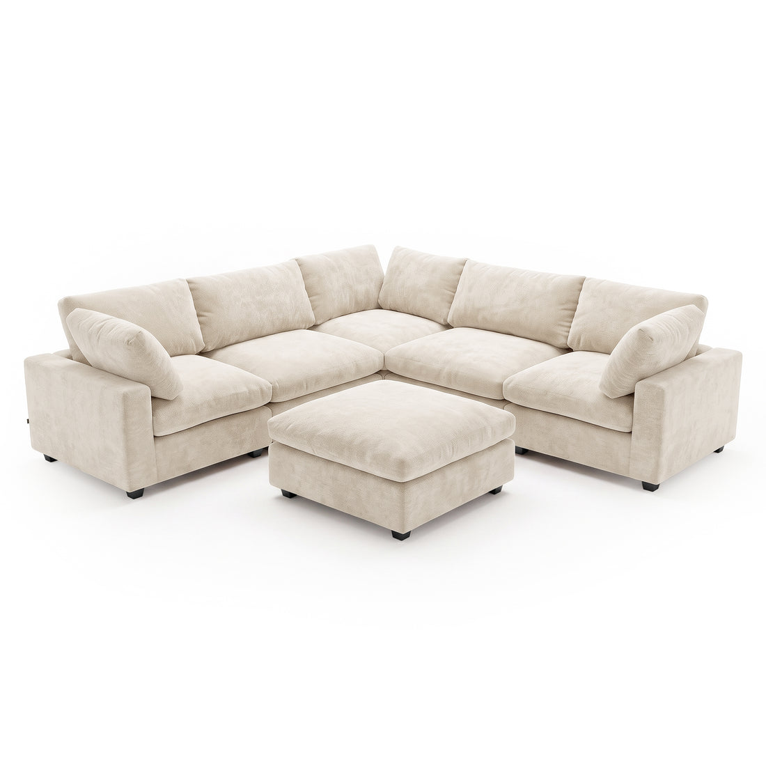 Beige L-shaped sectional sofa with matching ottoman on white background