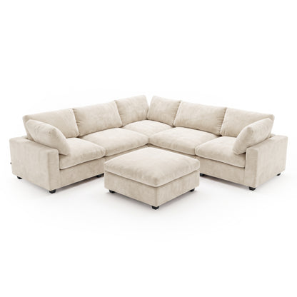Beige L-shaped sectional sofa with matching ottoman on white background