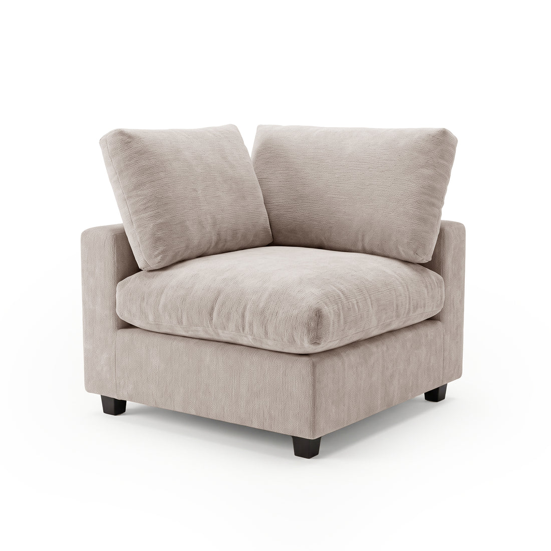A corner modular sofa section in a plush, soft greige, featuring a deep seat and two supportive back cushions.