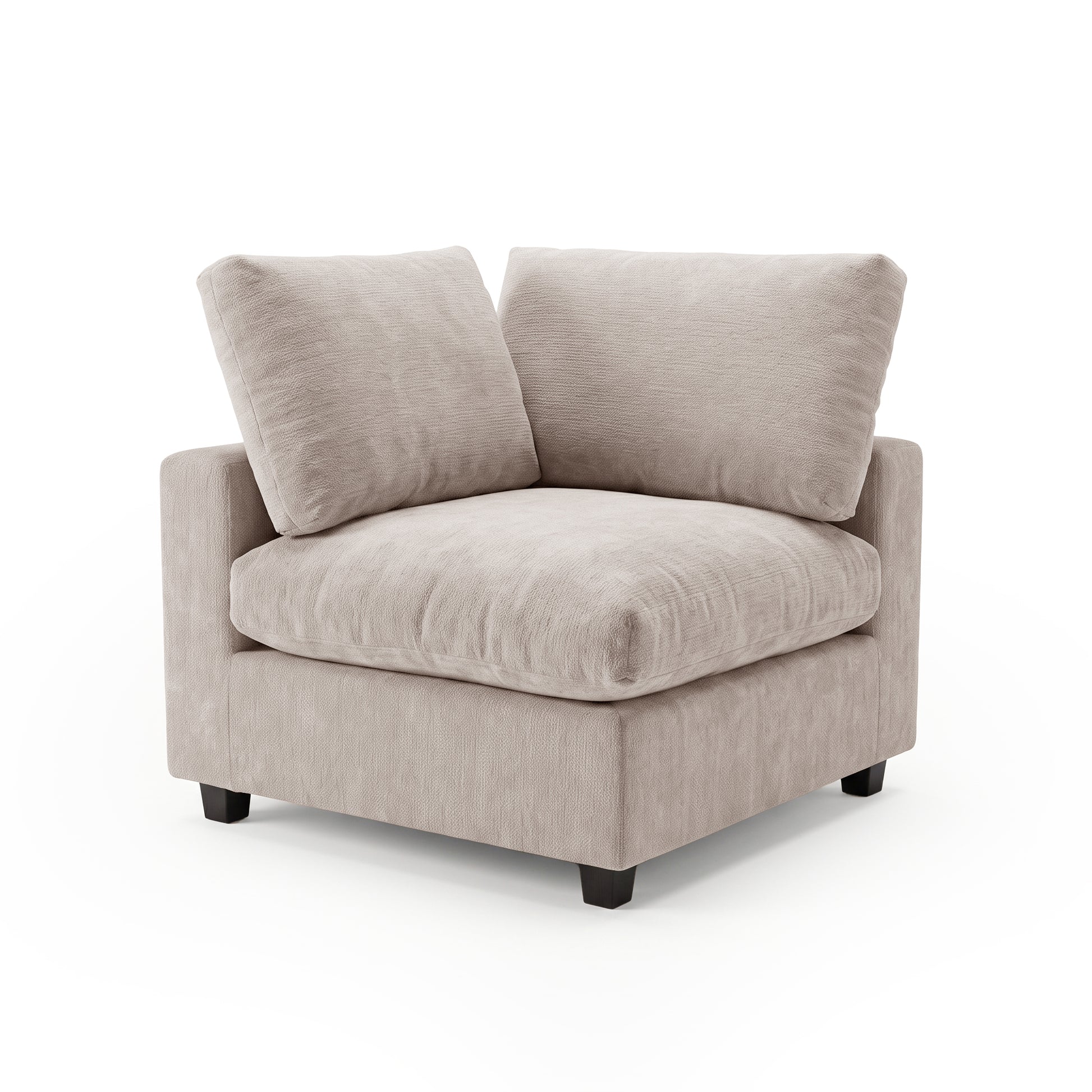 A corner modular sofa section in a plush, soft greige, featuring a deep seat and two supportive back cushions.