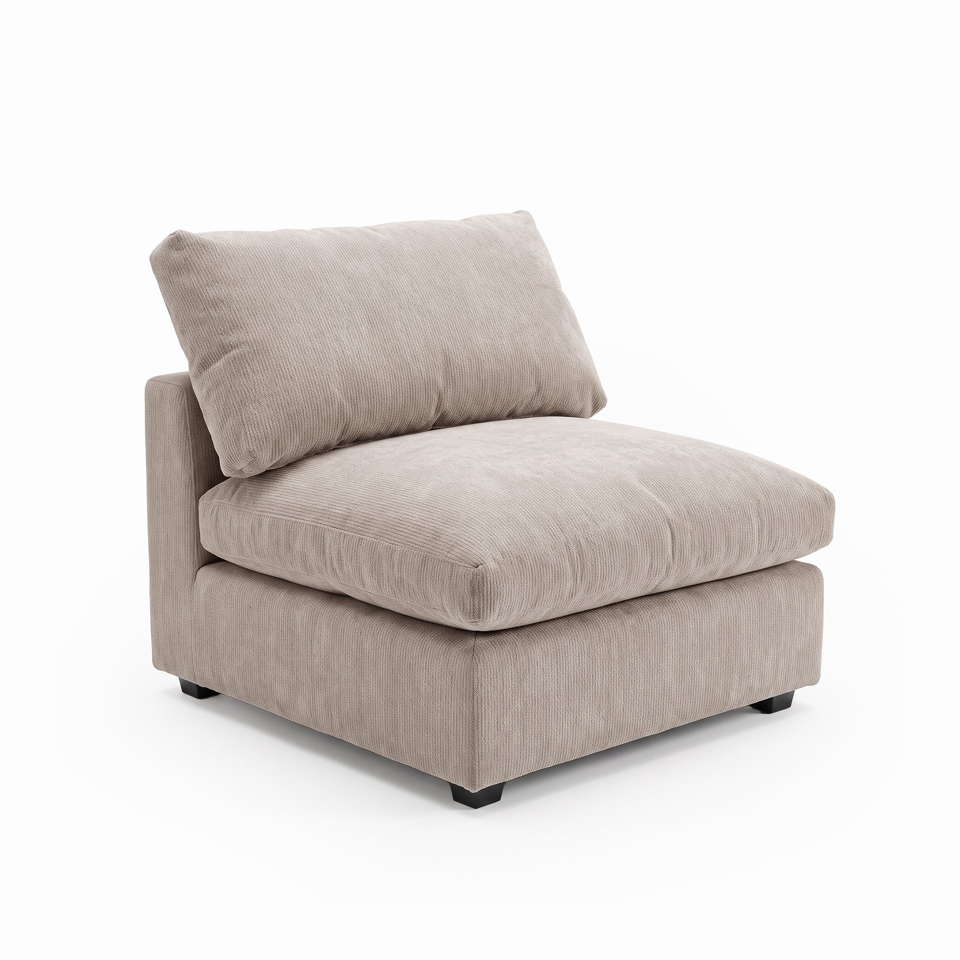 A modular, armless sofa section in a plush, featuring a deep seat and a single supportive back cushion.