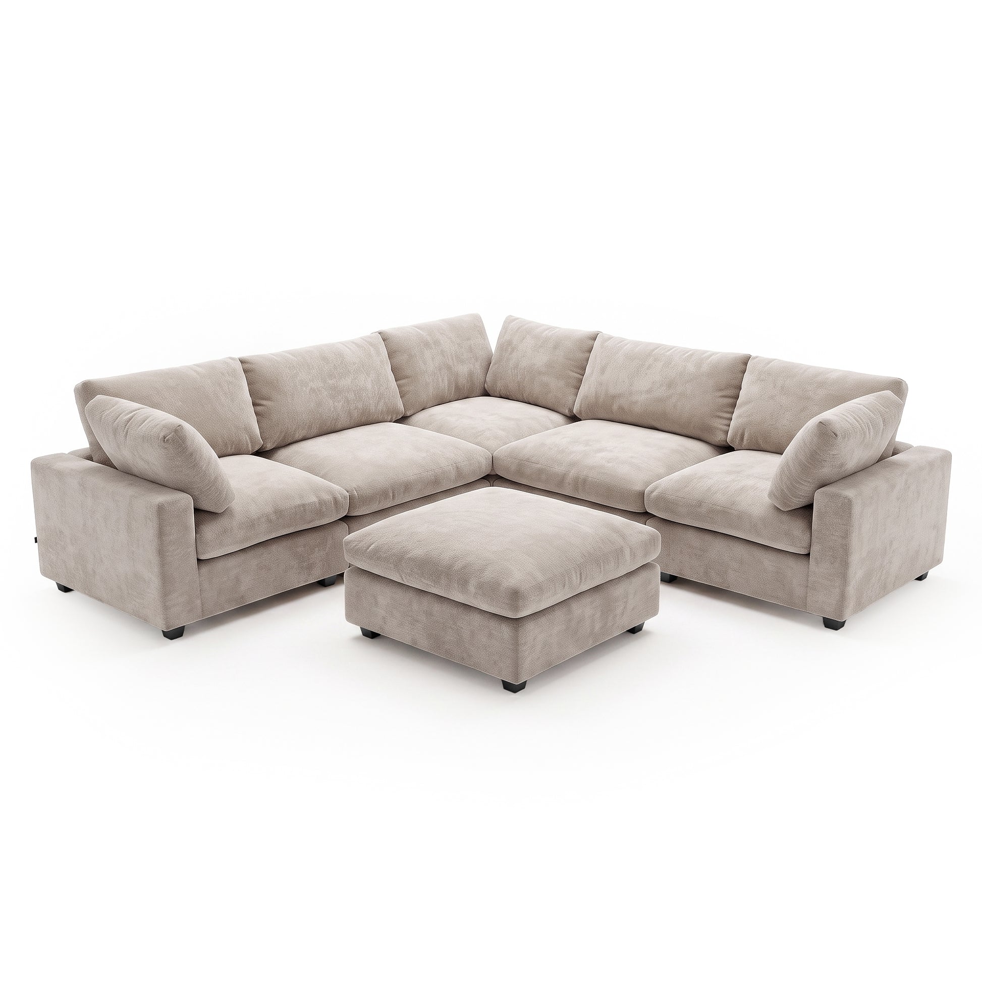 A modular corner sofa in a in Soft Greige, plush fabric, featuring deep seats, comfortable back cushions, and a matching square ottoman positioned in front