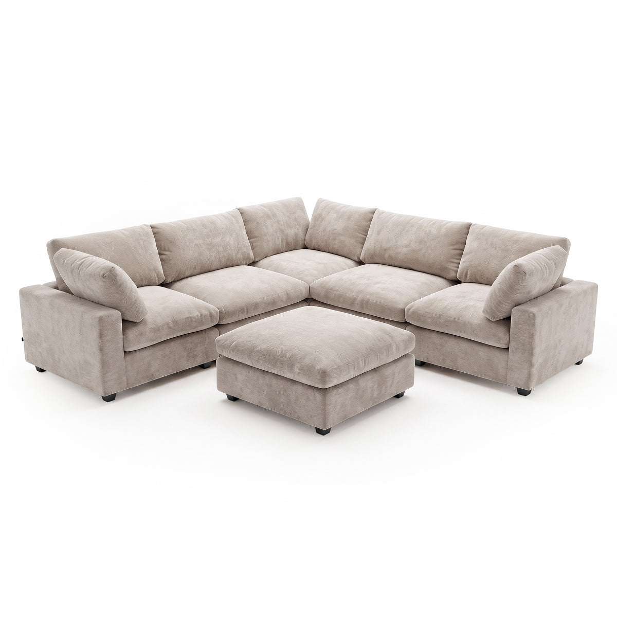 A modular corner sofa in a in Soft Greige, plush fabric, featuring deep seats, comfortable back cushions, and a matching square ottoman positioned in front