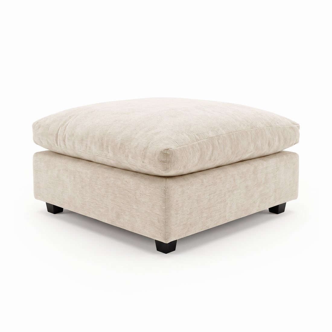 Beige upholstered ottoman with plush cushion on a white background