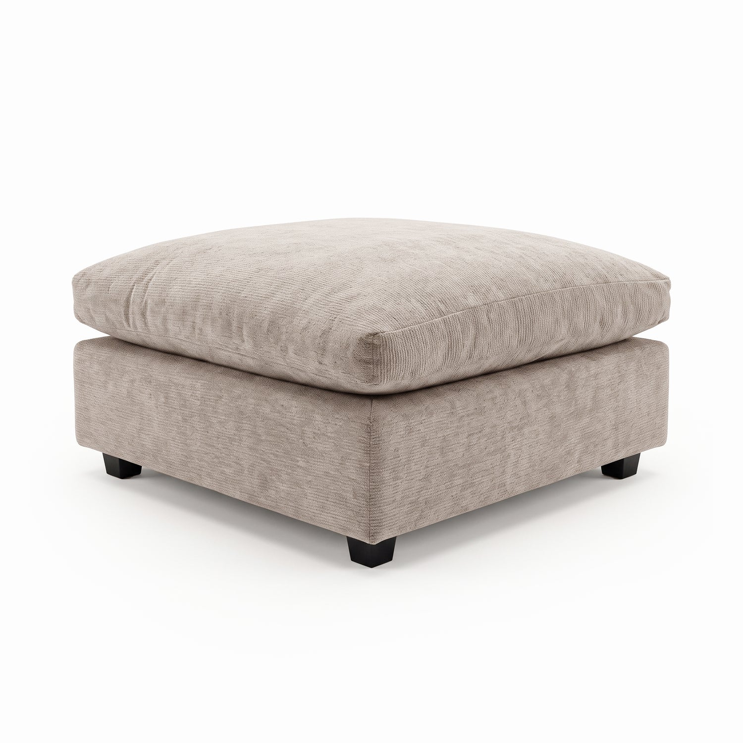 Light beige plush square ottoman on a white background.