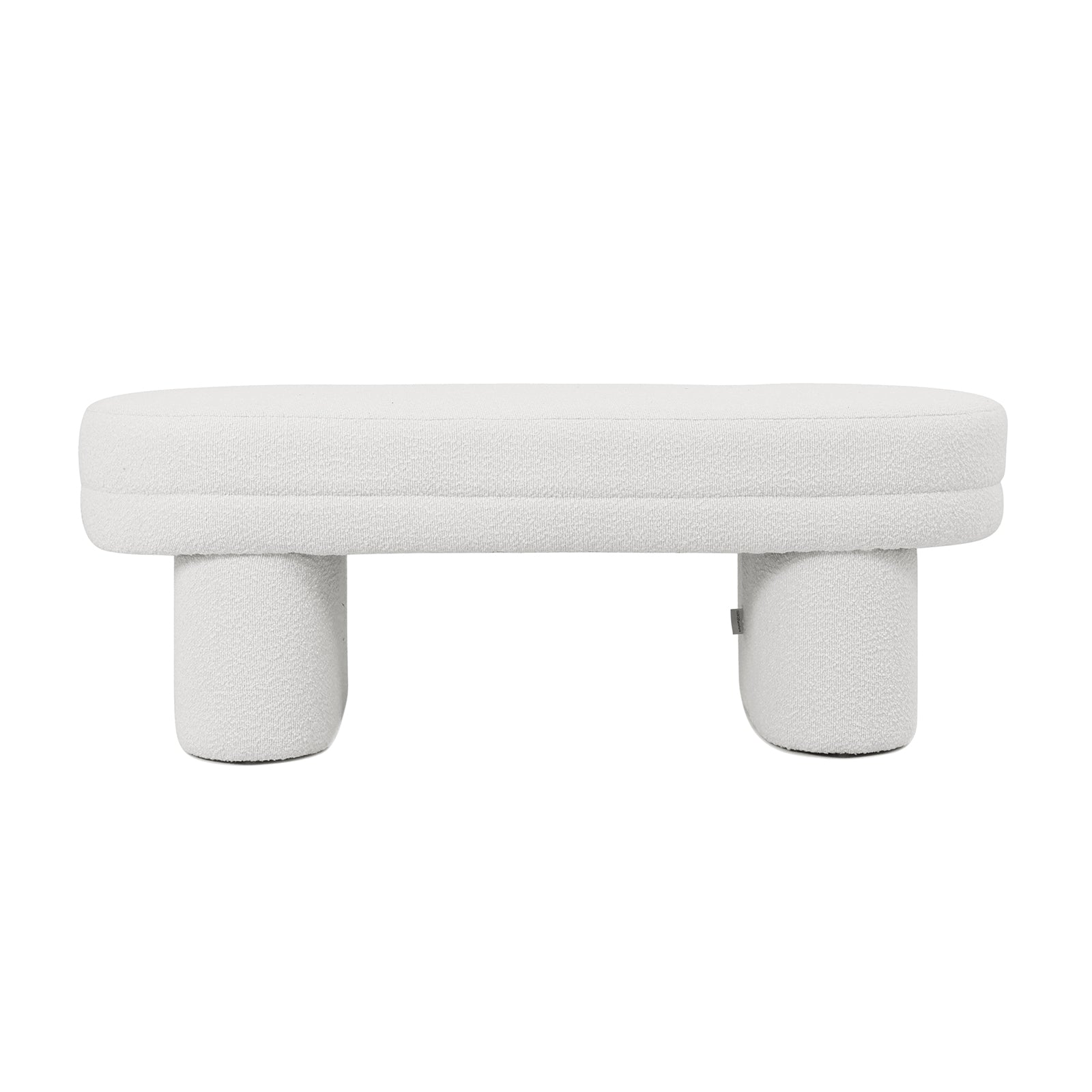 Elzan Bouclé Upholstered Bench Eggshell White, featuring a sleek, curved silhouette with plush bouclé fabric, ideal for modern interiors as a stylish seating or accent piece.