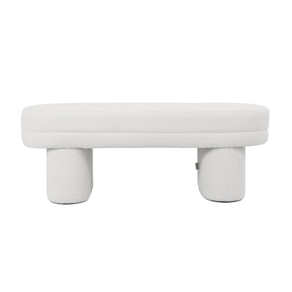 Elzan Bouclé Upholstered Bench Eggshell White, featuring a sleek, curved silhouette with plush bouclé fabric, ideal for modern interiors as a stylish seating or accent piece.