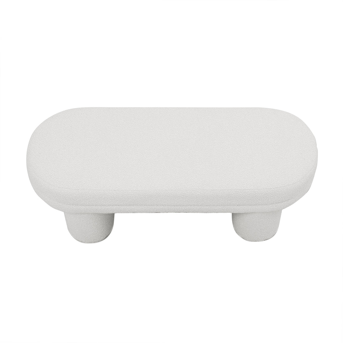 Elzan Bouclé Upholstered Bench Eggshell White, featuring a sleek curved design with legs, wrapped in textured bouclé fabric. Ideal for modern interiors, offering plush comfort and sturdy support.