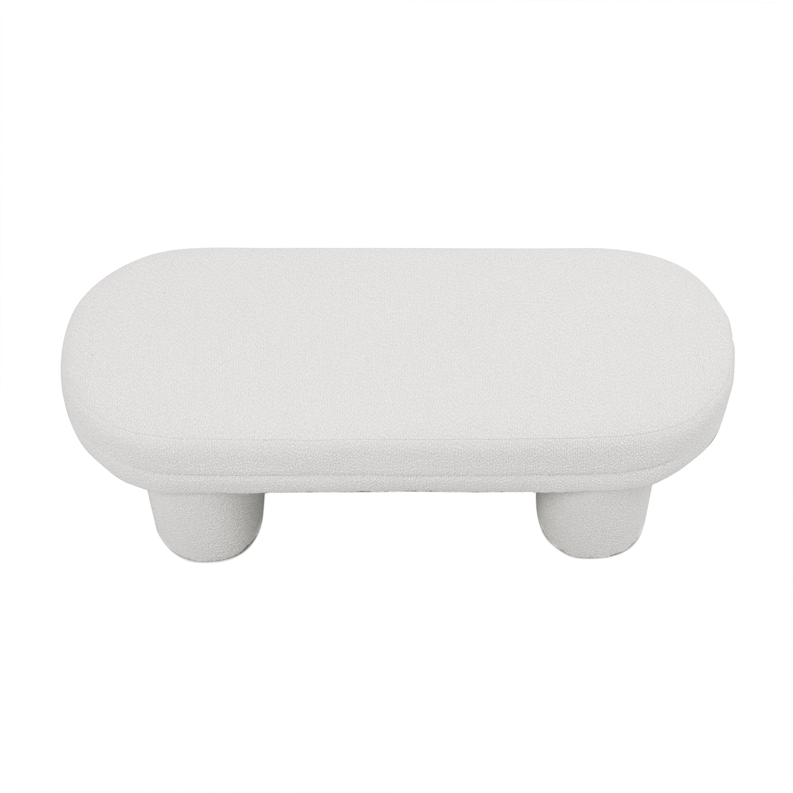 Elzan Bouclé Upholstered Bench Eggshell White, featuring a sleek curved design with legs, wrapped in textured bouclé fabric. Ideal for modern interiors, offering plush comfort and sturdy support.