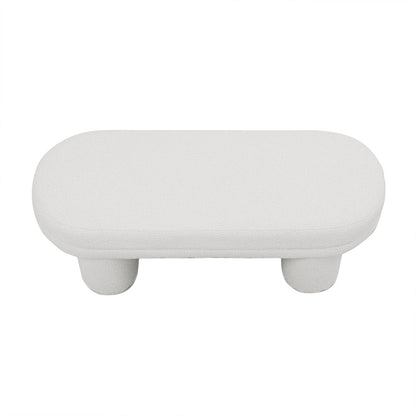 Elzan Bouclé Upholstered Bench Eggshell White, featuring a sleek curved design with legs, wrapped in textured bouclé fabric. Ideal for modern interiors, offering plush comfort and sturdy support.