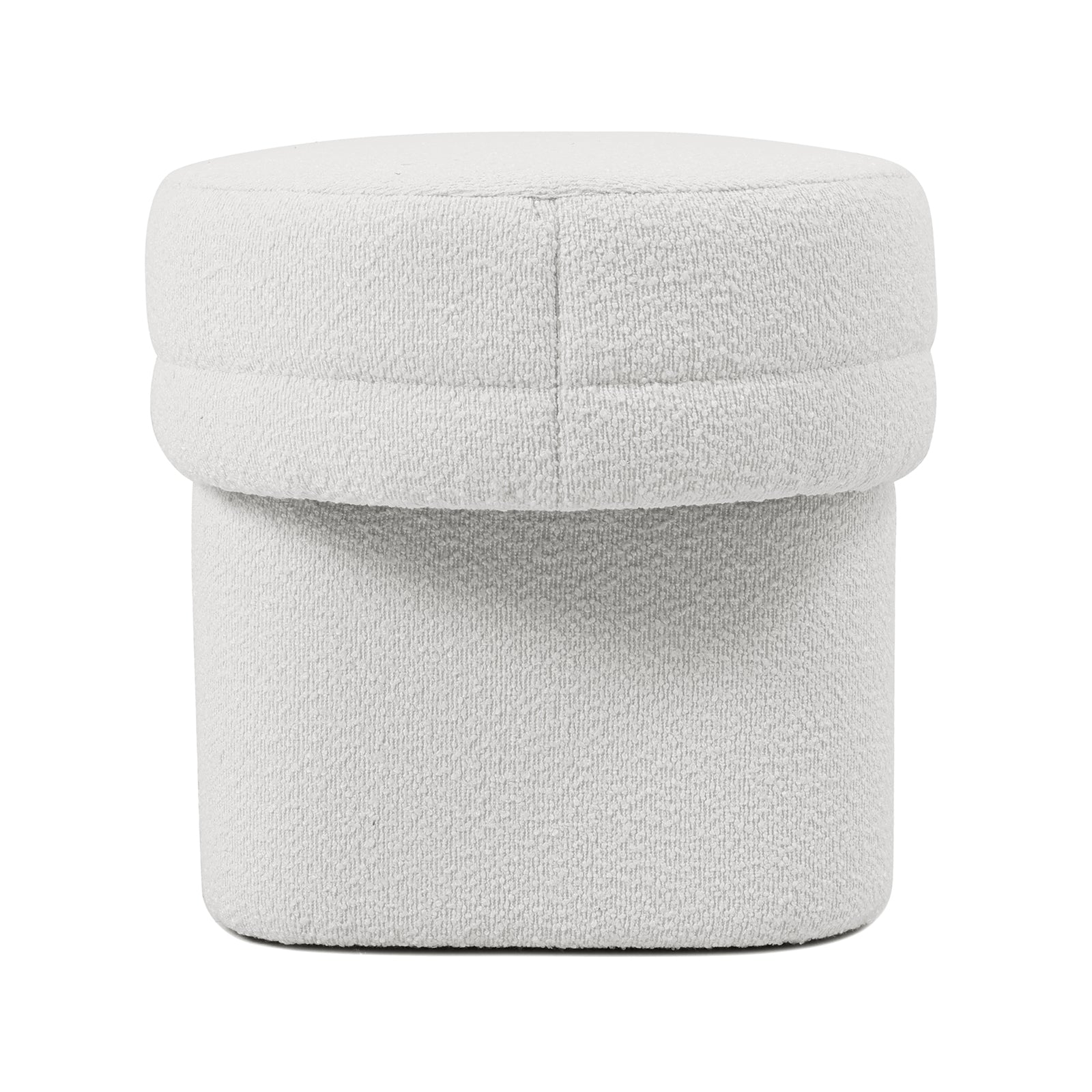 Elzan Bouclé Upholstered Bench Eggshell White, featuring a close-up of its textured bouclé fabric, highlighting the plush padding and sleek, curved silhouette, ideal for modern interiors.