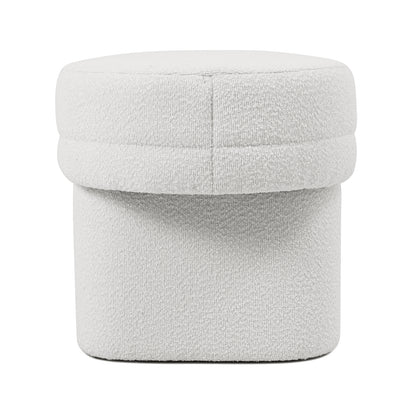 Elzan Bouclé Upholstered Bench Eggshell White, featuring a close-up of its textured bouclé fabric, highlighting the plush padding and sleek, curved silhouette, ideal for modern interiors.