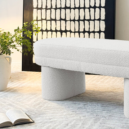 Elzan Bouclé Upholstered Bench Eggshell White features a sleek curved design with plush bouclé fabric, showcasing modern elegance and comfort, ideal for enhancing various interior spaces.