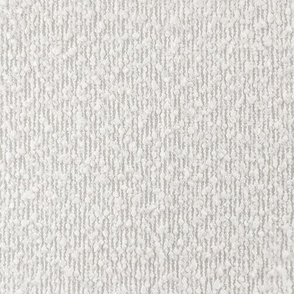 Elzan Bouclé Upholstered Bench Eggshell White features a close-up of its luxurious bouclé fabric, highlighting the textured surface and plush padding, showcasing its modern design and elegant sculptural silhouette.