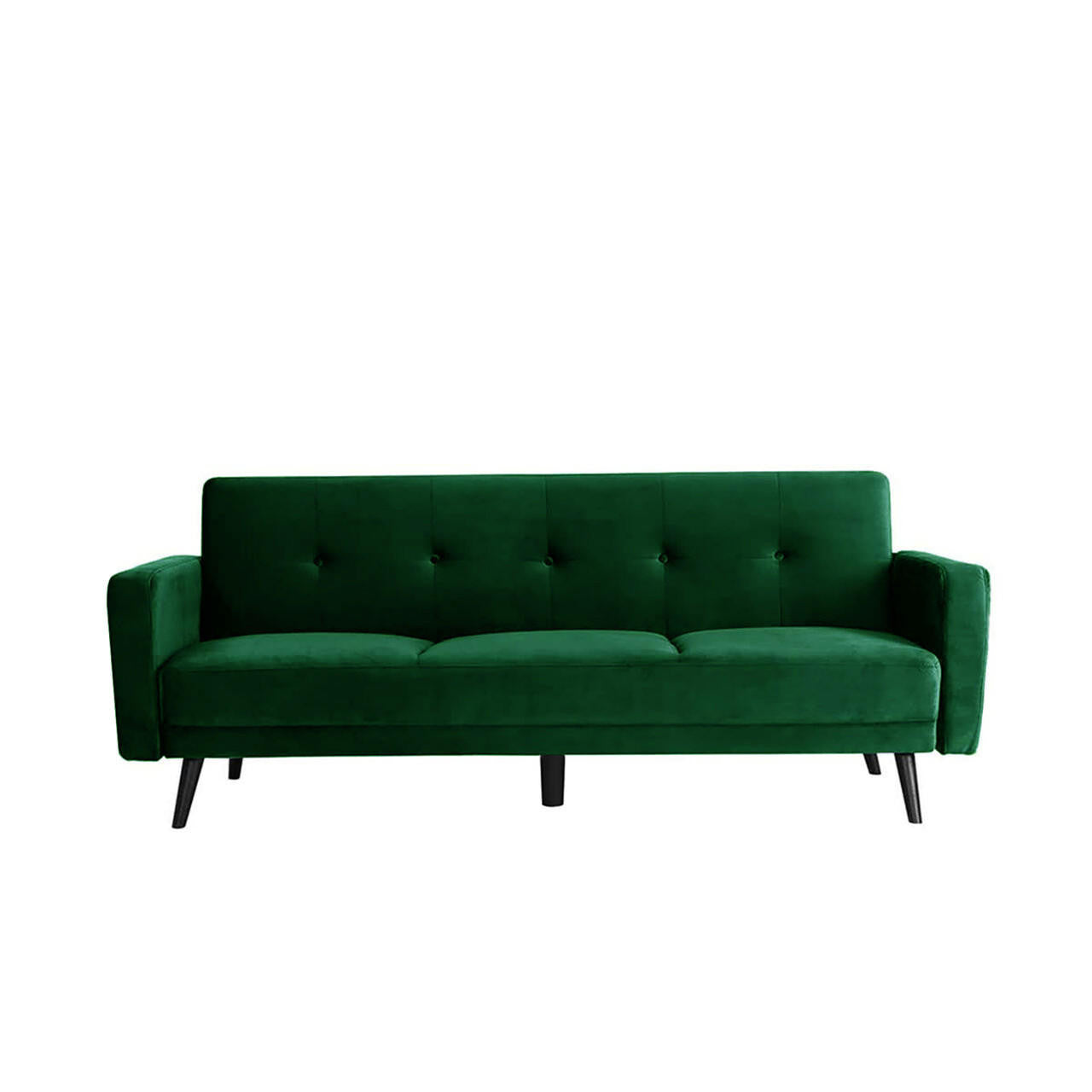 Esben 3 Seater Velvet Sofa Bed Dark Forest Green with sleek black legs, featuring plush cushions and a streamlined design, showcasing its dual functionality as a stylish couch and spacious bed.