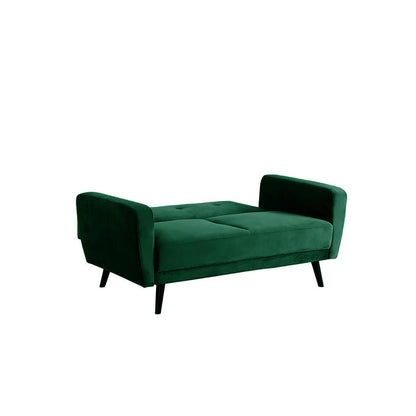 Esben 6-Seater Velvet Sofa Bed Set w/ Ottoman Dark Forest Green, showcasing a plush green couch with wooden legs, highlighted by close-up views of its armrest and futon pad design.