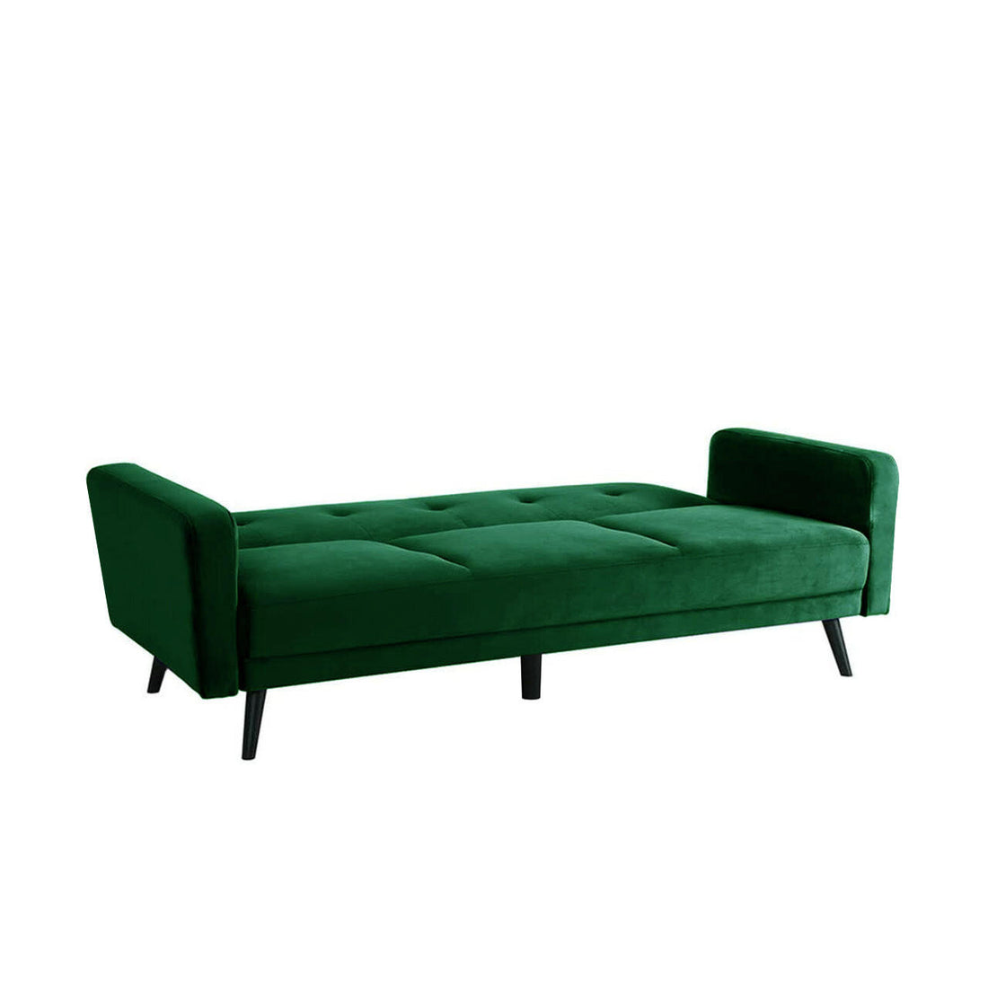 The Esben 6-Seater Velvet Sofa Bed Set w/ Ottoman in Dark Forest Green features a sleek green couch with black legs, showcasing a Scandinavian design that converts into a functional bed.