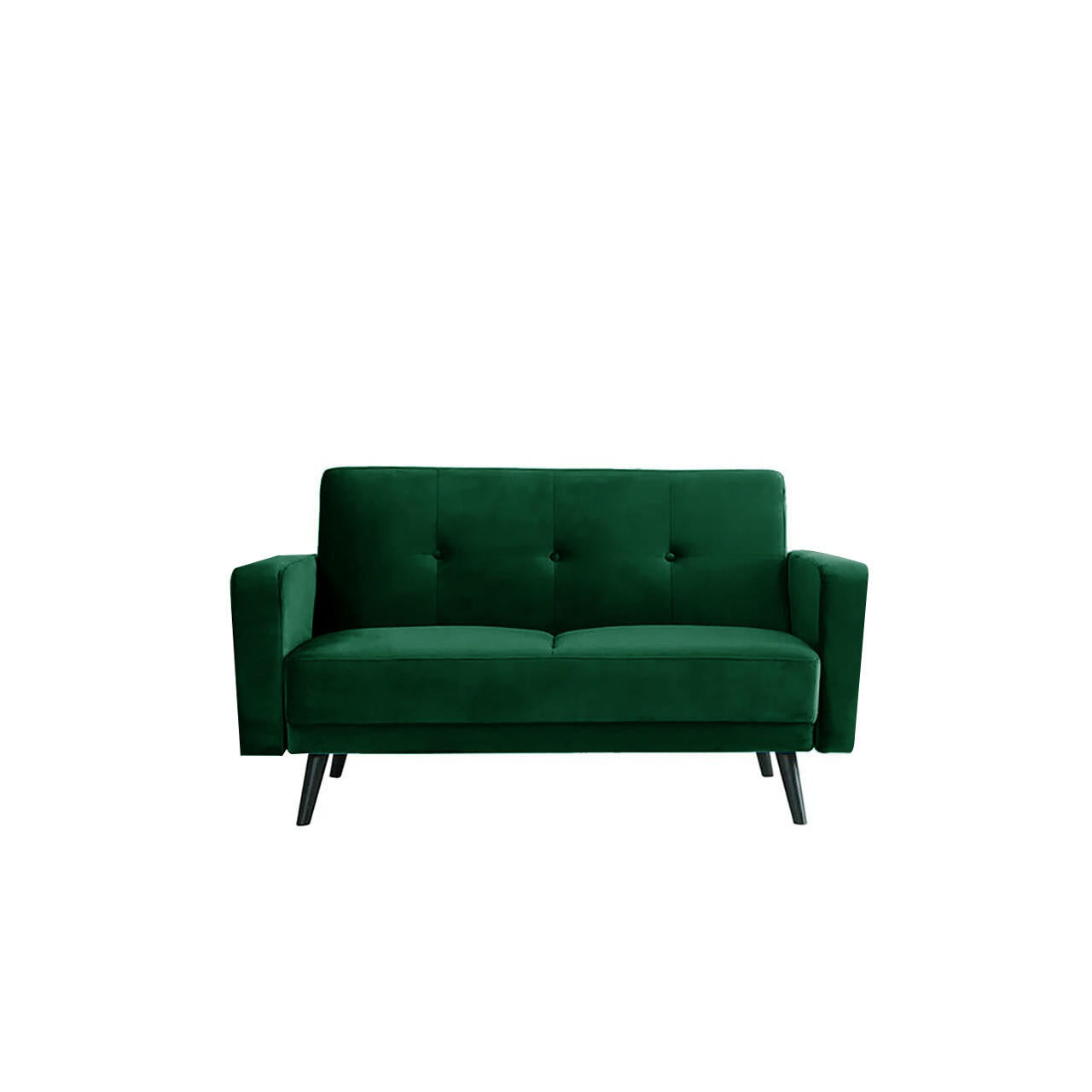Esben 2-Seater Velvet Sofa Bed in Forest Green featuring button-tufted back cushions and angled black legs, embodying mid-century modern style with its deep green velvet upholstery.