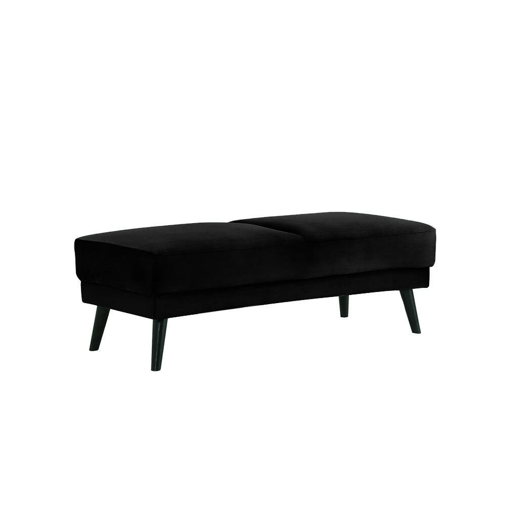 Esben Velvet Fabric Ottoman in Black, featuring a modern rectangular design with a cushioned top and angled wooden legs, exemplifying a mid-century style suitable for seating or decor.