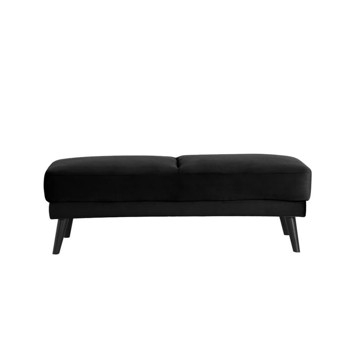 Esben Velvet Fabric Ottoman in Black, showcasing a modern design with a tufted cushion top and slightly splayed, tapered wooden legs, perfect for seating, a footrest, or a stylish accent piece.