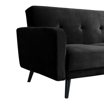 Esben 2-Seater Velvet Sofa Bed in Black, featuring a modern design with a tufted backrest and angled, tapered legs. The sleek black upholstery highlights its stylish and practical aesthetic.